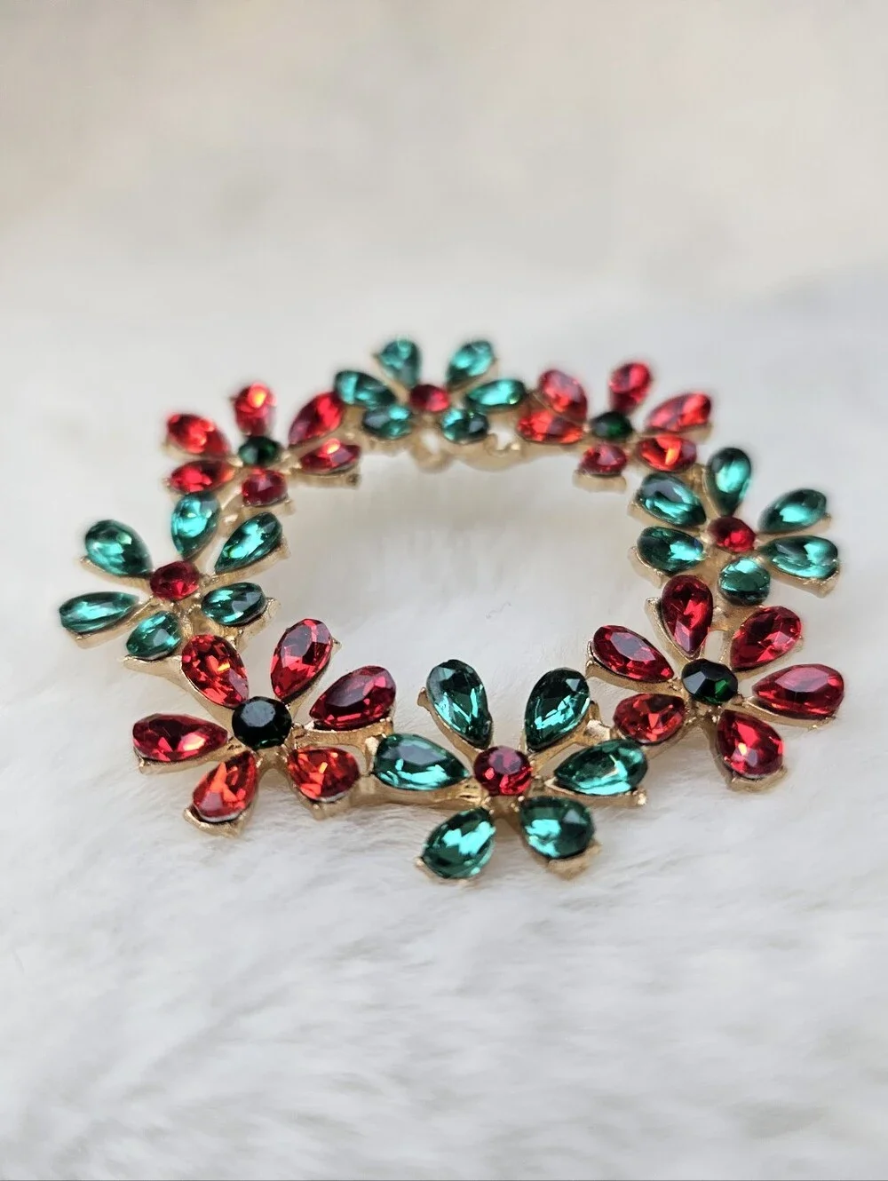 Gold-Tone Red & Teal Floral Crystal Wreath Brooch
